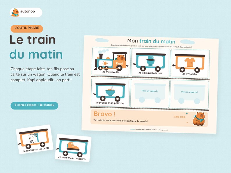 May include: A morning routine activity board titled Mon train du matin featuring a train graphic with empty wagon slots, accompanied by six individual cards depicting daily tasks like brushing teeth and getting dressed, all illustrated with a capybara character.