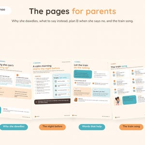May include: Four informational pages titled The pages for parents with the logo autonoo. The content includes Why she can't hurry up, A calm morning starts the night before, Let the train do the talking, and The train song with illustrations.