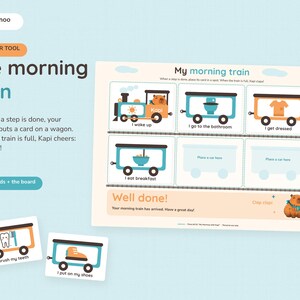 May include: A morning routine chart titled The morning train featuring a train graphic with six slots for step cards. Includes cards for I wake up, I go to the bathroom, I get dressed, I eat breakfast, I brush my teeth, and I put on my shoes.