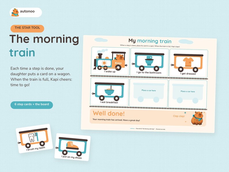 May include: A morning routine chart titled The morning train featuring a train graphic with six slots for step cards. Includes cards for I wake up, I go to the bathroom, I get dressed, I eat breakfast, I brush my teeth, and I put on my shoes.