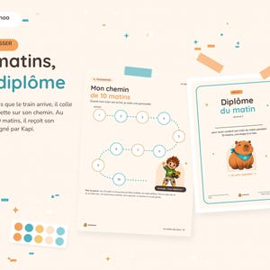 May include: A set of educational activity sheets titled 10 matins, un dipl&ocirc;me featuring a numbered path for stickers and a certificate with a capybara illustration. Includes a small sheet of colorful circular stickers for tracking progress.