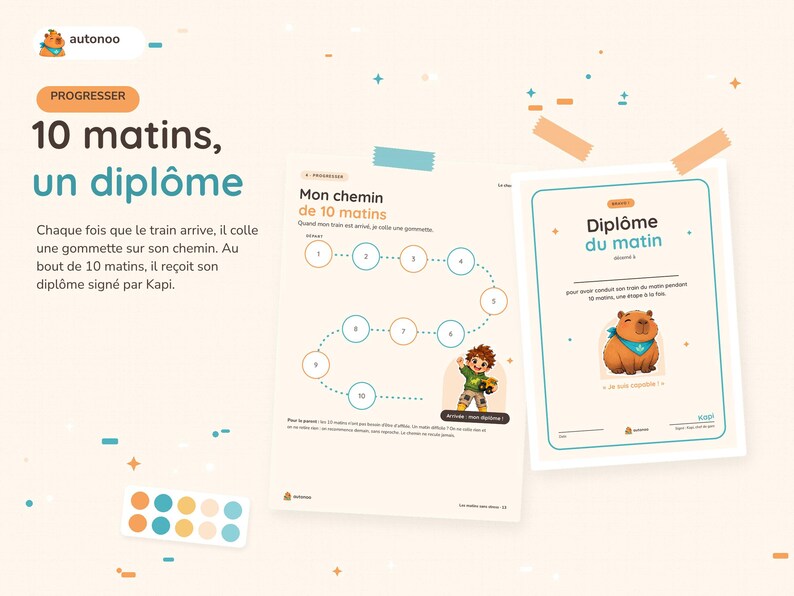 May include: A set of educational activity sheets titled 10 matins, un dipl&ocirc;me featuring a numbered path for stickers and a certificate with a capybara illustration. Includes a small sheet of colorful circular stickers for tracking progress.