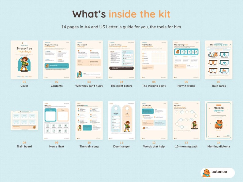 May include: A digital kit titled What's inside the kit featuring 14 pages in A4 and US Letter formats. The pages include a cover, contents, guides, train cards, a train board, a door hanger, and a morning diploma with cartoon illustrations.