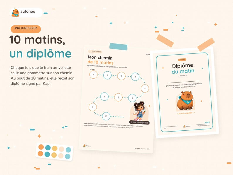 May include: A progress chart titled 10 matins, un dipl&ocirc;me featuring a numbered path from 1 to 10 for sticker placement, a Dipl&ocirc;me du matin certificate with a capybara illustration, and a small palette of ten colorful circular stickers.