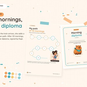 May include: A progress chart titled My path of 10 mornings with numbered circles for stickers and a Morning diploma featuring a capybara illustration. The text reads 10 mornings, one diploma and includes instructions for parents and a sticker sheet.