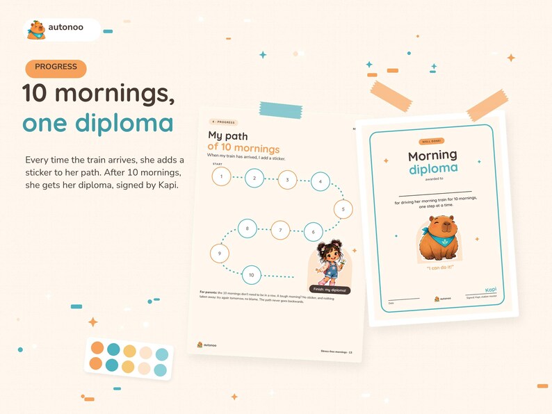 May include: A progress chart titled My path of 10 mornings with numbered circles for stickers and a Morning diploma featuring a capybara illustration. The text reads 10 mornings, one diploma and includes instructions for parents and a sticker sheet.