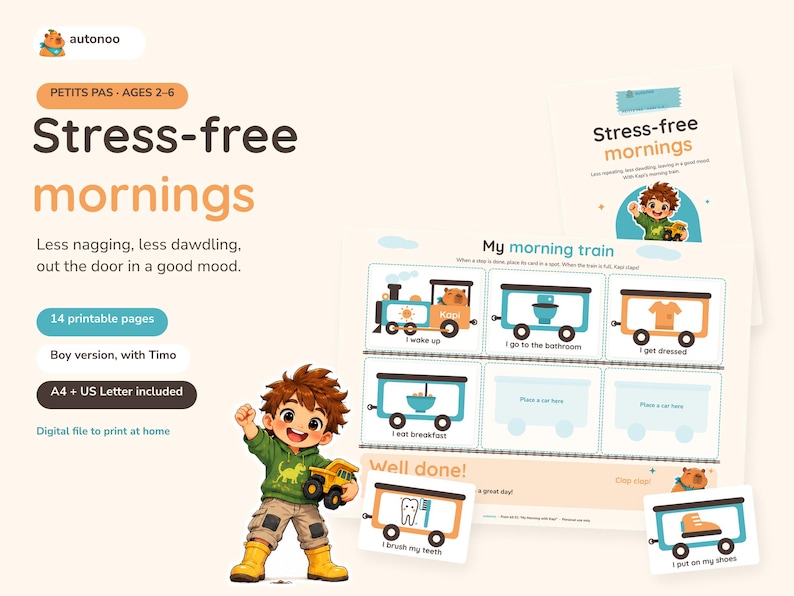 May include: A printable 14-page digital file titled Stress-free mornings featuring a cartoon boy named Timo and a My morning train activity chart with illustrated train cars for daily tasks like waking up, eating breakfast, and brushing teeth.