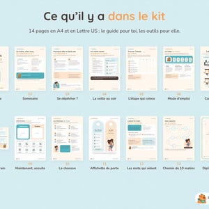 May include: A digital kit containing 14 pages in A4 and US Letter sizes, titled Les matins sans stress. The pages feature instructional guides, checklists, train-themed cards, a morning routine path, and a morning diploma with illustrations.