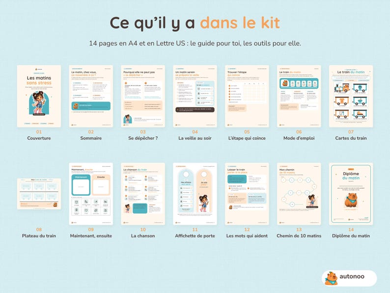 May include: A digital kit containing 14 pages in A4 and US Letter sizes, titled Les matins sans stress. The pages feature instructional guides, checklists, train-themed cards, a morning routine path, and a morning diploma with illustrations.