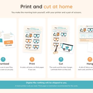 May include: A digital instructional graphic titled Print and cut at home, detailing four steps to create a morning train activity. It features PDF icons, a train-themed card sheet, scissors cutting out cards, and a finished train display.