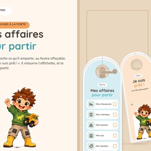 May include: Two door hangers with rounded tops and cutouts for door handles. One hanger is light blue with a checklist titled Mes affaires pour partir. The other is beige with the text Je suis pr&ecirc;t ! and an illustration of a boy.