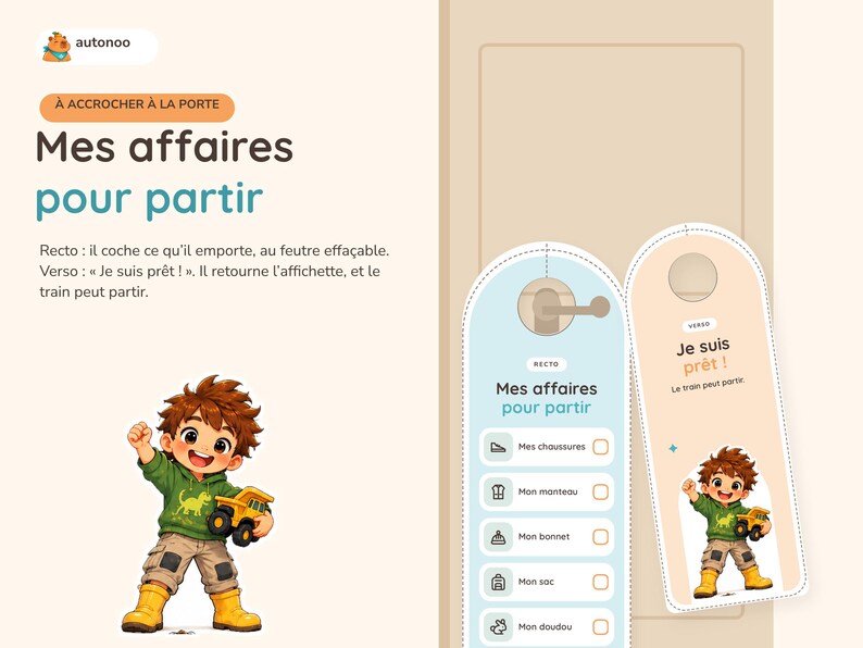 May include: Two door hangers with rounded tops and cutouts for door handles. One hanger is light blue with a checklist titled Mes affaires pour partir. The other is beige with the text Je suis pr&ecirc;t ! and an illustration of a boy.