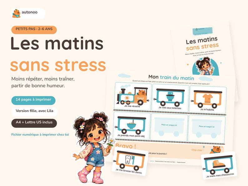 May include: A printable digital routine chart titled Les matins sans stress featuring a cartoon girl named Lila, a train-themed task board with icons for morning activities, and individual cards for brushing teeth and putting on shoes.