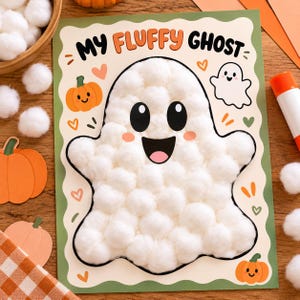 May include: A craft activity sheet titled MY FLUFFY GHOST featuring a large ghost outline filled with white cotton balls. The background includes illustrations of orange pumpkins, small hearts, and a tiny ghost, all set on a scalloped-edge card.