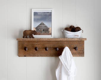 Barn wood shelf. Rustic coat rack with shelf. Reclaimed barn wood wall hooks. Railroad spike hooks. Barn wood coat hanger.