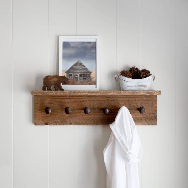 Barn wood shelf. Rustic coat rack with shelf. Reclaimed barn wood wall hooks. Railroad spike hooks. Barn wood coat hanger.