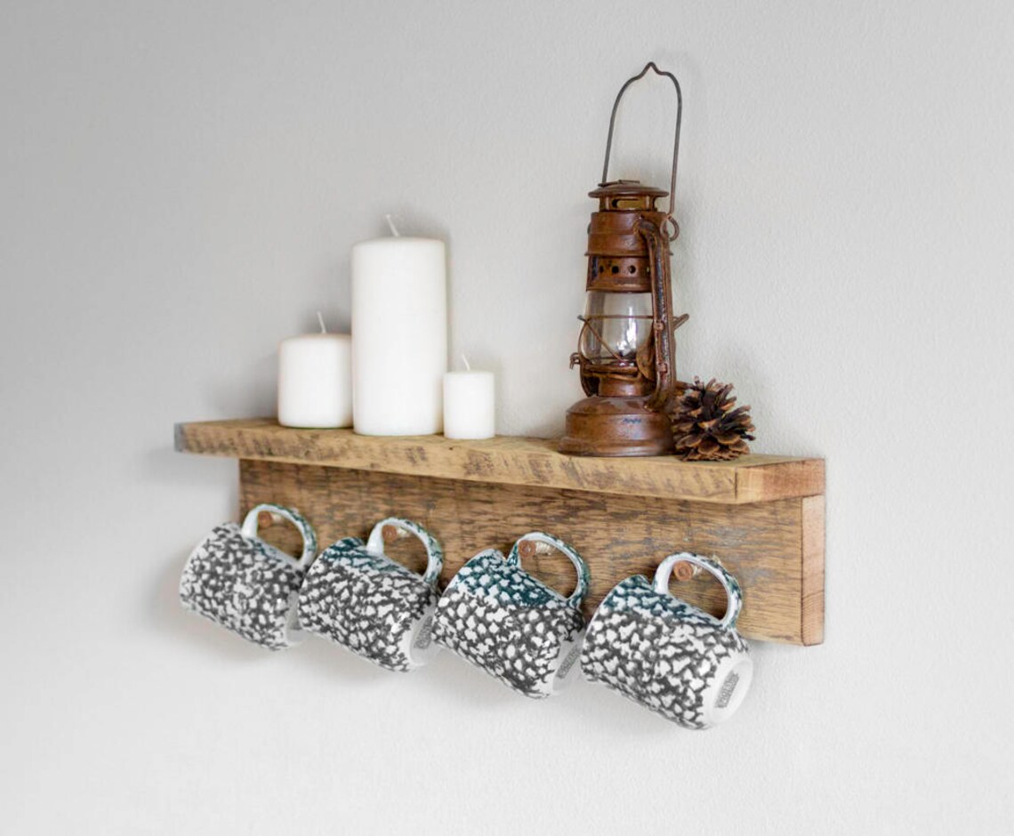 Barn wood coffee mug holder. Reclaimed wood coffee mug hooks. Etsy