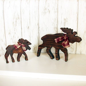 Two Rustic Wood Moose - Set of Two Brown Wooden Lodge Moose