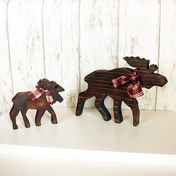 Two Rustic Wood Moose - Set of Two Brown Wooden Lodge Moose