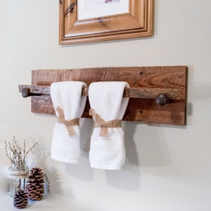 Rustic Wood Towel Rack - Large, reclaimed towel hanger with railroad spikes, 30" x 8" barn wood towel bar