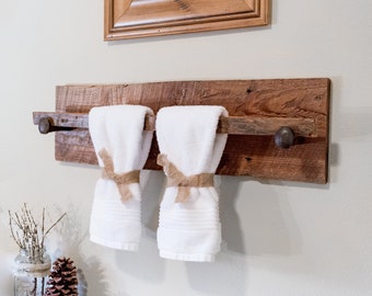 Rustic Wood Towel Rack - Large, reclaimed towel hanger with railroad spikes, 30" x 8" barn wood towel bar