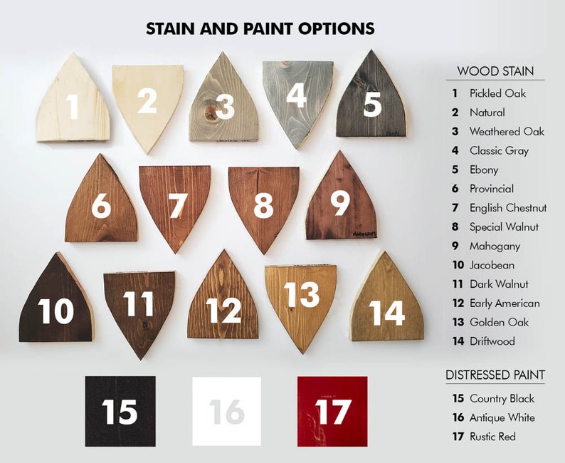 Puede incluir: Carta de colores de tinte para madera y pintura envejecida con 17 opciones diferentes. La carta presenta muestras de madera numeradas del 1 al 14 y muestras de pintura numeradas del 15 al 17. Las muestras de madera est&aacute;n dispuestas en forma triangular, mientras que las muestras de pintura est&aacute;n dispuestas en forma cuadrada. La carta est&aacute; etiquetada como "Opciones de tinte y pintura" y "Tinte para madera" y "Pintura envejecida".