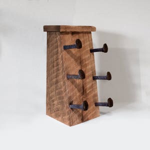 Wood wine rack, wine bottle holder with railroad spike hooks