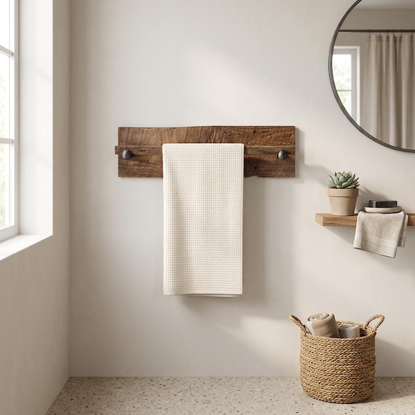 Rustic Towel Rack 30” – Reclaimed Barn Wood Bathroom Decor – Farmhouse Wall Mount Towel Holder with Railroad Spikes – Handmade