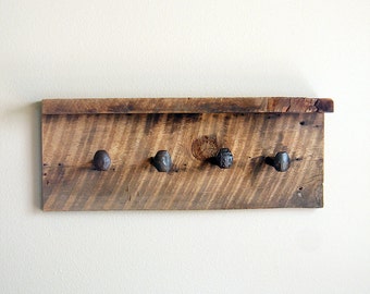 Reclaimed wood shelf with coat hooks. Rustic shelf. Barn wood coat rack with shelf. Railroad spike hooks. Barn wood wall hooks.