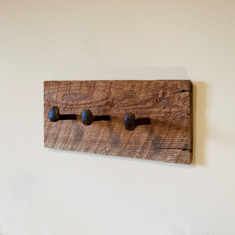 Barn wood coat hanger. Rustic coat rack. Wall hanger with hooks. Railroad wall hooks. Barn wood wall hooks. image 3