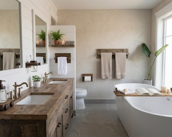 Reclaimed Wood Bathroom Set | Complete Rustic Bathroom Decor Collection | Towel Rack, TP Holder, Soap Dispenser, Toothbrush Holder & Tray