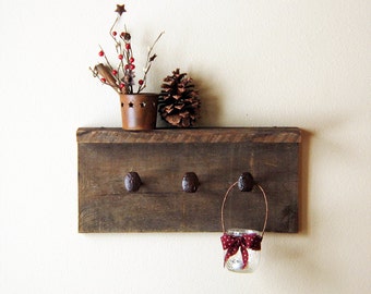 Rustic coat hooks, wall hanger with 3 railroad spike hooks, 18" x 8" barn wood wall hooks