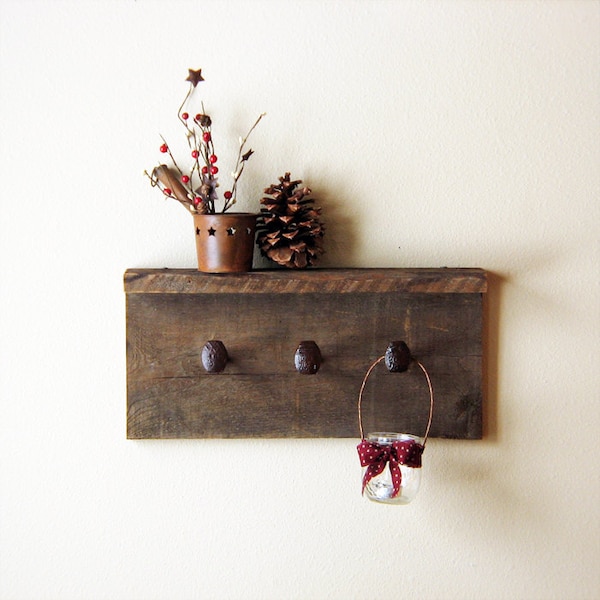 Rustic coat hooks, wall hanger with 3 railroad spike hooks, 18" x 8" barn wood wall hooks