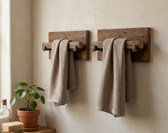 Rustic Hand Towel Holder 14” – Reclaimed Barn Wood Bathroom Decor – Farmhouse Wall Mount with Railroad Spikes – Handmade