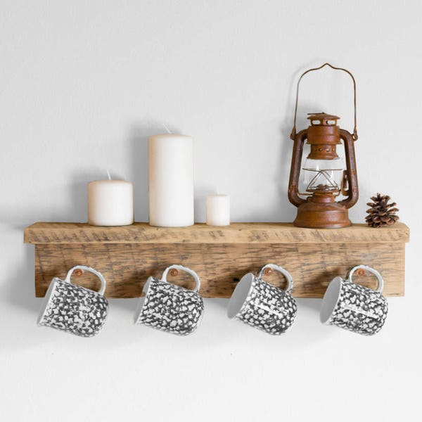 Barn wood coffee mug holder. Reclaimed wood coffee mug hooks. Rustic coffee mug rack. Barn wood hanger pegs.