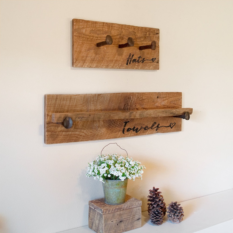 Rustic Wood Towel Rack Large, reclaimed towel hanger with railroad spikes, 30 x 8 barn wood towel bar image 7