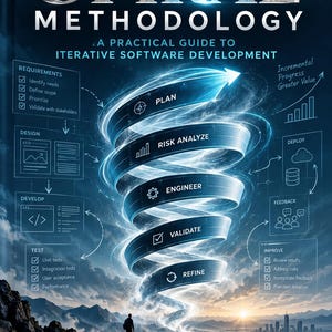 Può includere: Una copertina di libro intitolata The Spiral Methodology: A Practical Guide to Iterative Software Development di J. W. Cade. Presenta un diagramma a spirale blu luminoso con i passaggi: Plan, Risk Analyze, Engineer, Validate e Refine, su un paesaggio montano.