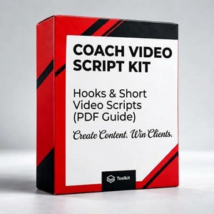 May include: A rectangular box with a white front panel featuring black text that reads COACH VIDEO SCRIPT KIT, Hooks & Short Video Scripts (PDF Guide), and Create Content. Win Clients. The box sides are red with black diagonal stripes.