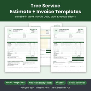 Modèle de devis et de facture pour services d'entretien d'arbres, modifiable pour Word, Google Docs et Excel (calculateur automatique), formulaire de devis pour l'abattage d'arbres par un arboriste.