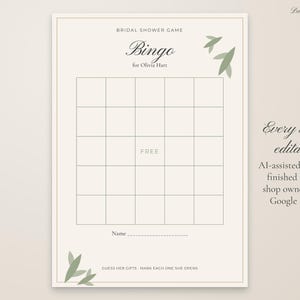 Puede incluir: Una tarjeta de juego de bingo para despedida de soltera en papel crema con una cuadr&iacute;cula de cinco por cinco, un espacio central libre e ilustraciones de hojas verdes en las esquinas. El texto dice Bridal Shower Game, Bingo for Olivia Hart.