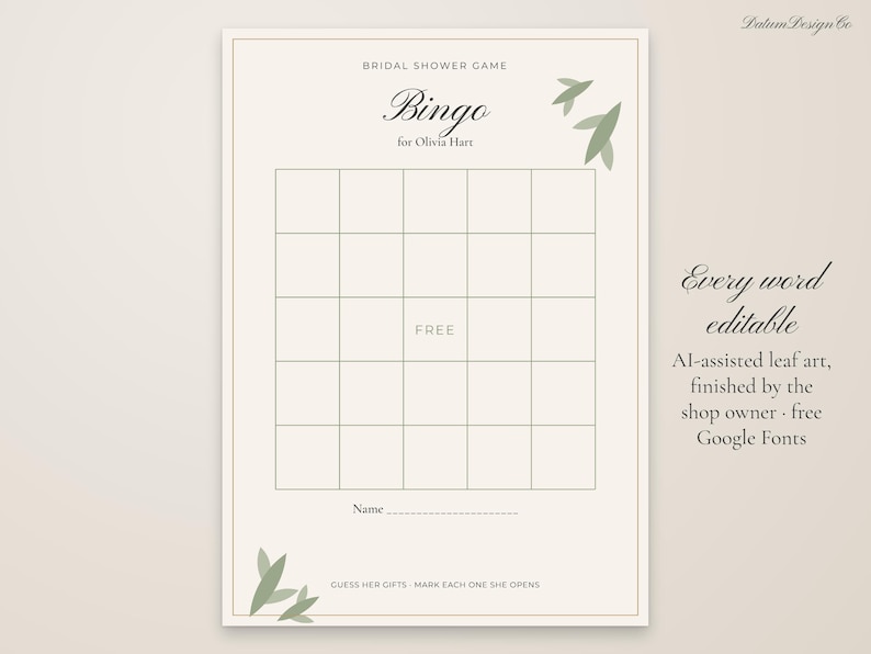 Puede incluir: Una tarjeta de juego de bingo para despedida de soltera en papel crema con una cuadr&iacute;cula de cinco por cinco, un espacio central libre e ilustraciones de hojas verdes en las esquinas. El texto dice Bridal Shower Game, Bingo for Olivia Hart.