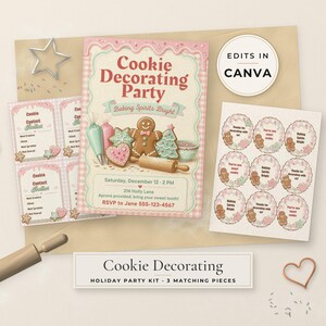 Peut inclure: Un kit de f&ecirc;te pour d&eacute;corer des biscuits comprenant une invitation centrale avec des illustrations de pain d'&eacute;pices, le texte Cookie Decorating Party, Baking Spirits Bright, ainsi que des cartes de vote et des autocollants assortis.