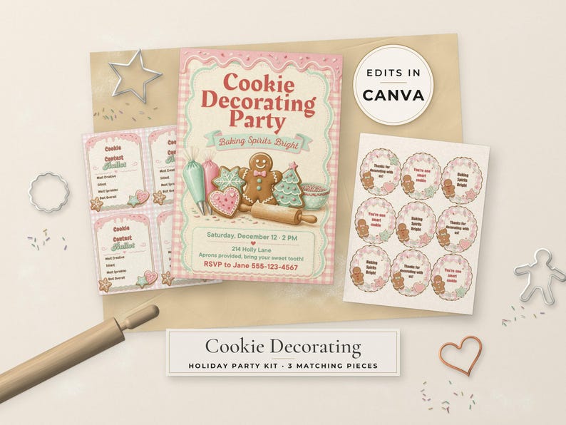 Peut inclure: Un kit de f&ecirc;te pour d&eacute;corer des biscuits comprenant une invitation centrale avec des illustrations de pain d'&eacute;pices, le texte Cookie Decorating Party, Baking Spirits Bright, ainsi que des cartes de vote et des autocollants assortis.