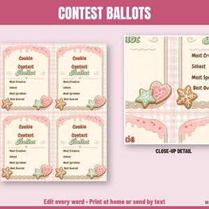 Pode incluir: Quatro cart&otilde;es de vota&ccedil;&atilde;o para concurso de biscoitos com o texto Cookie Contest Ballot e categorias como Most Creative, Silliest, Most Sprinkles e Best Overall. O design inclui cobertura rosa, biscoitos em forma de estrela e cora&ccedil;&atilde;o.