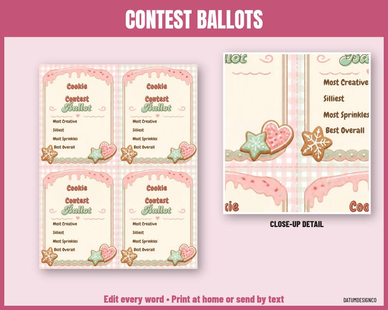 Pode incluir: Quatro cart&otilde;es de vota&ccedil;&atilde;o para concurso de biscoitos com o texto Cookie Contest Ballot e categorias como Most Creative, Silliest, Most Sprinkles e Best Overall. O design inclui cobertura rosa, biscoitos em forma de estrela e cora&ccedil;&atilde;o.