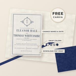 May include: A wedding invitation template featuring dark blue text on a light background with a circular monogram containing the letters E and T. The text includes names Eleanor Hale and Thomas Whitcombe, with labels for editing.