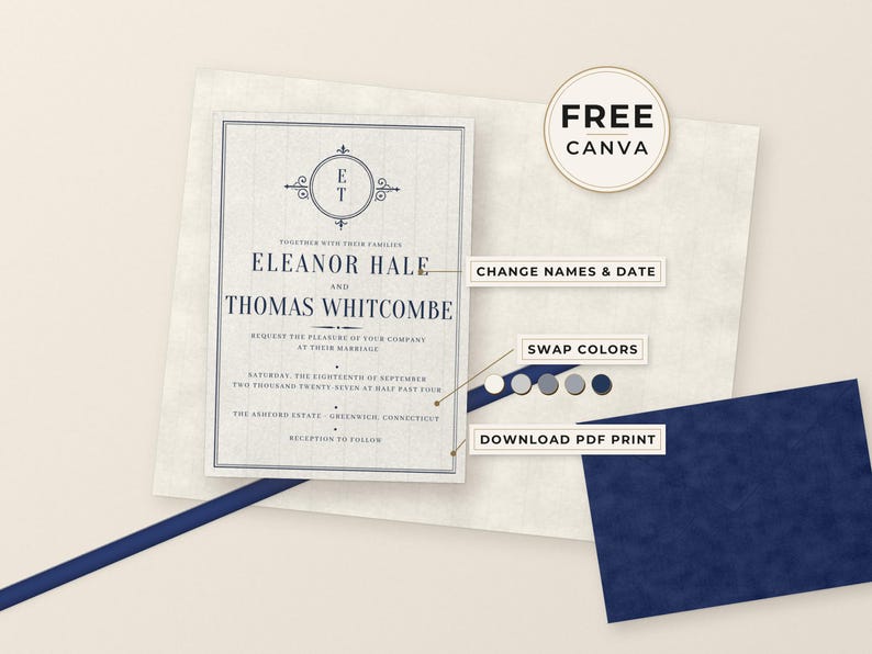 May include: A wedding invitation template featuring dark blue text on a light background with a circular monogram containing the letters E and T. The text includes names Eleanor Hale and Thomas Whitcombe, with labels for editing.