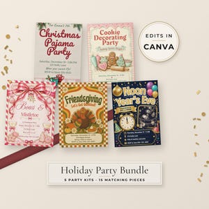 Pode incluir: Um conjunto de convites para festas de fim de ano com cinco cartões retangulares de temas variados como Christmas Pajama Party, Cookie Decorating Party, Bows & Mistletoe, Friendsgiving e Noon Year's Eve, e uma etiqueta Edits in Canva.
