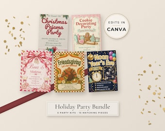 Op de afbeelding: Een vakantiefeestbundel met vijf rechthoekige uitnodigingskaarten met diverse thema's zoals Christmas Pajama Party, Cookie Decorating Party, Bows & Mistletoe, Friendsgiving en Noon Year's Eve, inclusief een label met de tekst Edits in Canva.