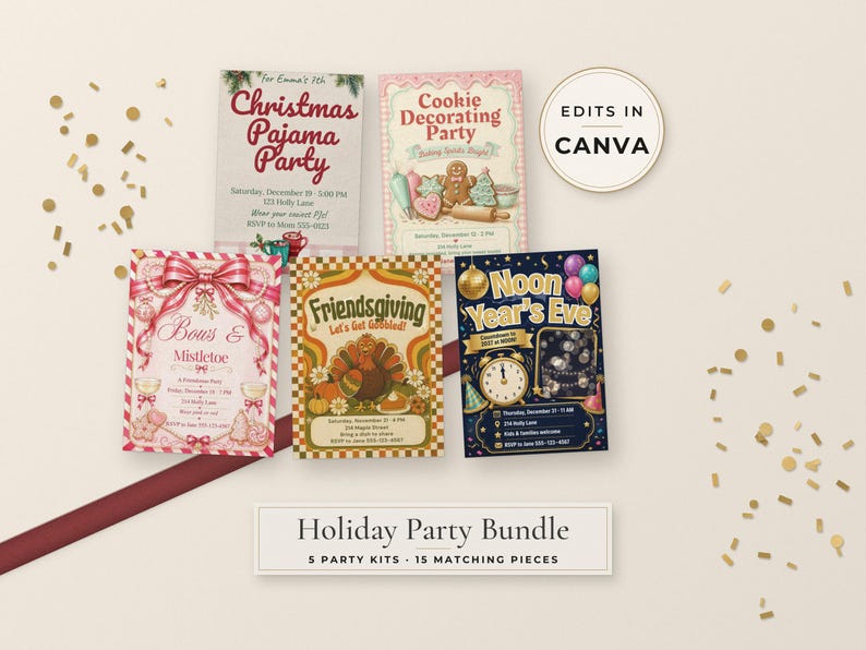 Peut inclure: Un ensemble de cartes d'invitation pour f&ecirc;tes de fin d'ann&eacute;e comprenant cinq mod&egrave;les rectangulaires sur les th&egrave;mes de No&euml;l, d&eacute;coration de biscuits, n&oelig;uds et gui, Friendsgiving et Nouvel An, avec une &eacute;tiquette indiquant Edits in Canva.